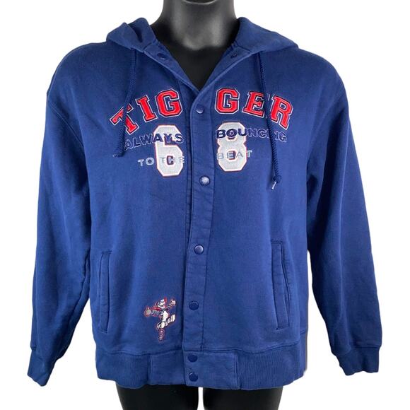 Disney Tigger blue hooded sweatshirt embroidered snap up hoodie size medium - Picture 1 of 7